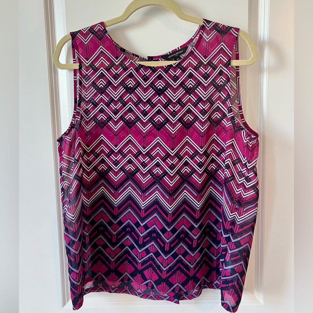 Banana Republic Pink/Purple and Navy Sheer Geometric Tank Top